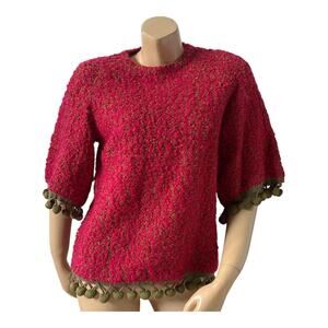 Vintage Aladdin Sweater Womens 10 Red Green Textured Boucle Pom Pom Trim Boho